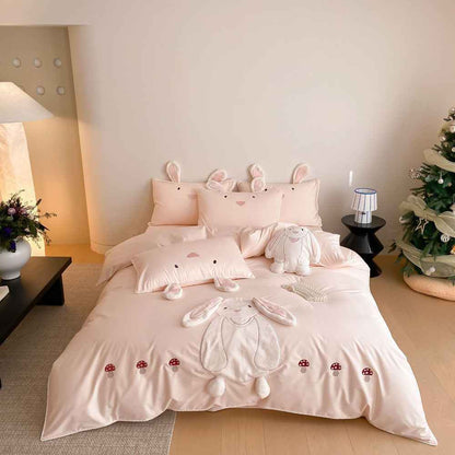 Bramble Bunny Appliqué Cotton Bedding Set - Blush Pink Bunny - WhisperLinens