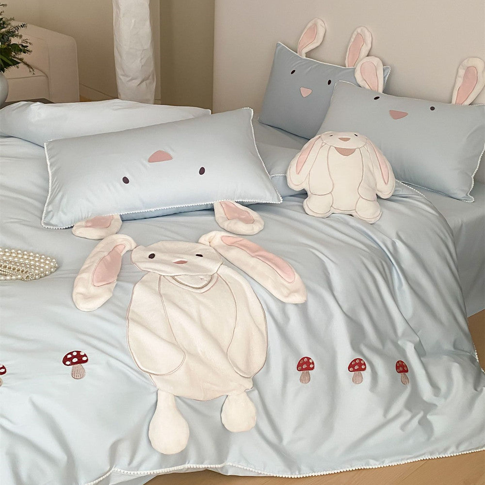 Bramble Bunny Appliqué Cotton Bedding Set - Powder Blue Bunny - WhisperLinens