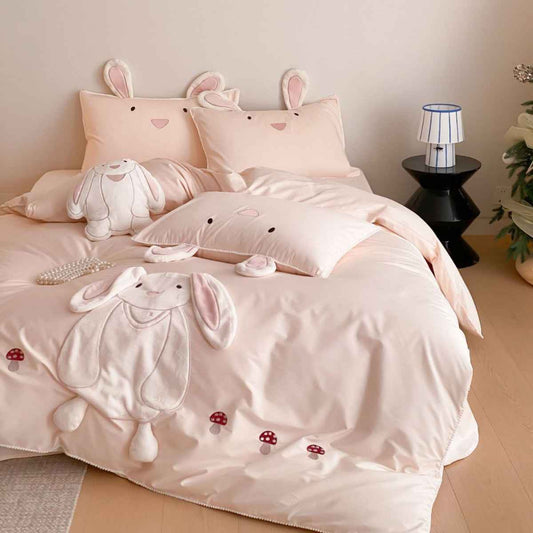 Bramble Bunny Appliqué Cotton Bedding Set - Blush Pink Bunny - WhisperLinens