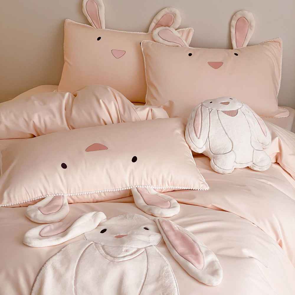 Bramble Bunny Appliqué Cotton Bedding Set - Blush Pink Bunny - WhisperLinens