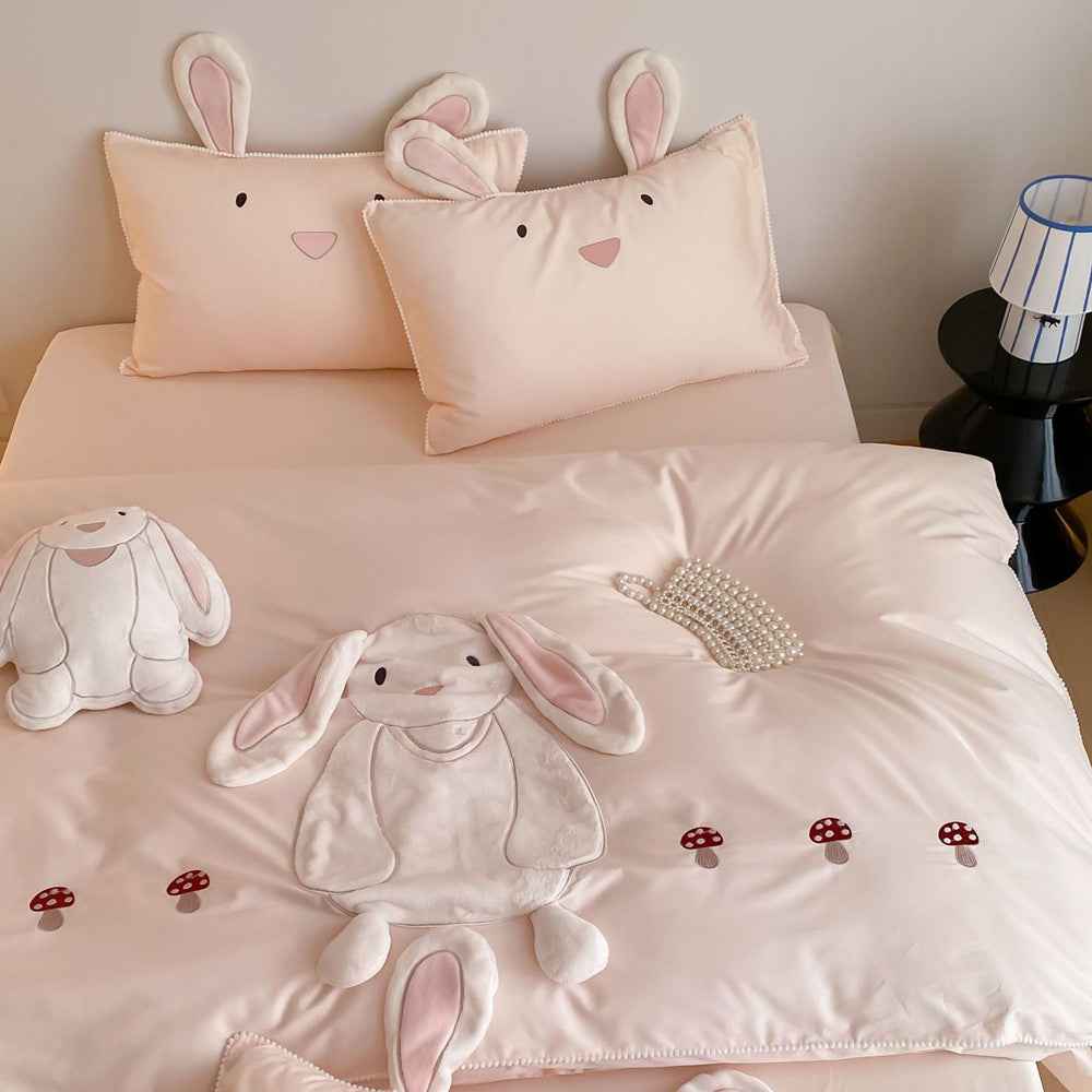 Bramble Bunny Appliqué Cotton Bedding Set - Blush Pink Bunny - WhisperLinens