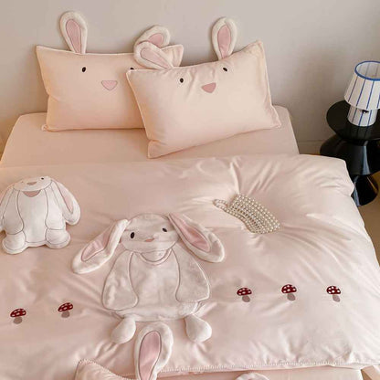 Bramble Bunny Appliqué Cotton Bedding Set - Blush Pink Bunny - WhisperLinens