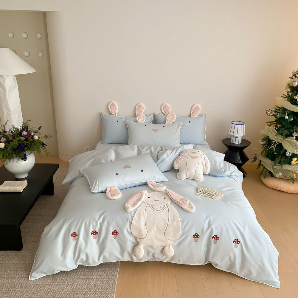 Bramble Bunny Appliqué Cotton Bedding Set - Powder Blue Bunny - WhisperLinens