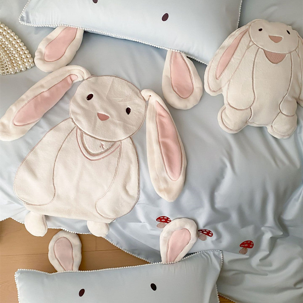 Bramble Bunny Appliqué Cotton Bedding Set - Powder Blue Bunny - WhisperLinens