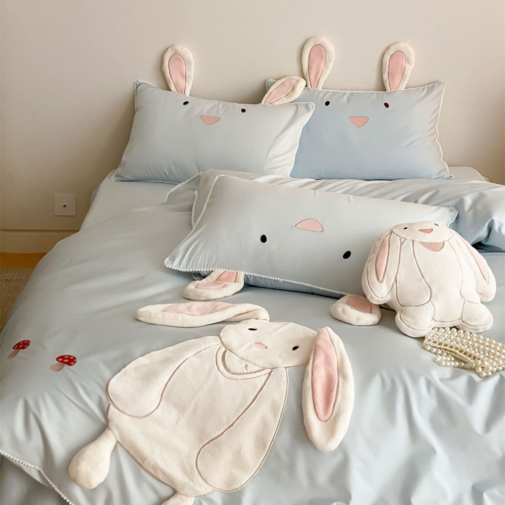 Bramble Bunny Appliqué Cotton Bedding Set - Powder Blue Bunny - WhisperLinens
