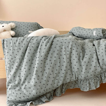 Cerise Cherry Print Ruffled Cotton Gauze Bedding Set - duvet cover with ruffled hem in sage cotton gauze - WhisperLinens