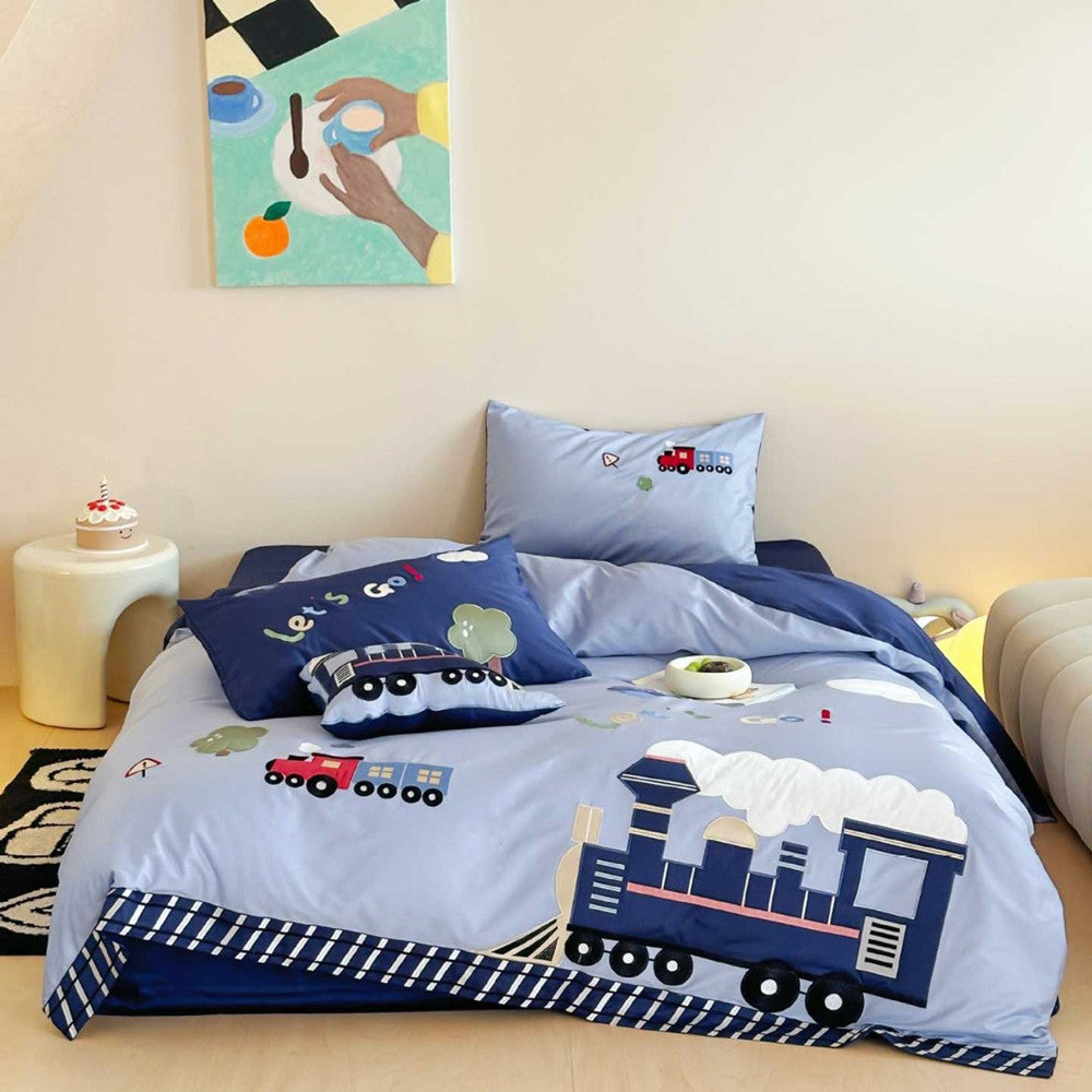 Junction Train Appliqué Cotton Bedding Set - light blue duvet cover with navy steam train and railway border - WhisperLinens