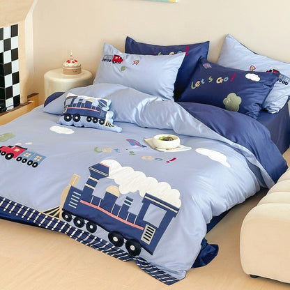 Junction Train Appliqué Cotton Bedding Set - train duvet cover with light blue and navy pillowcases - WhisperLinens