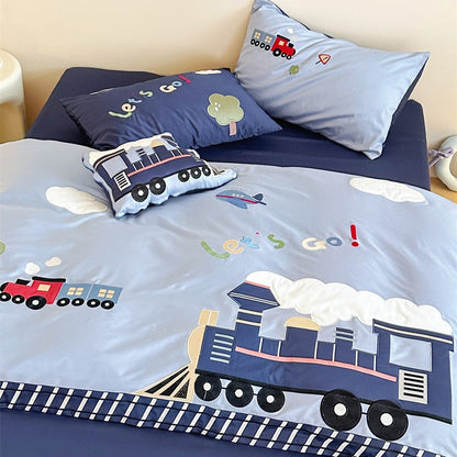 Junction Train Appliqué Cotton Bedding Set - steam train, red engine and Let's Go! lettering - WhisperLinens