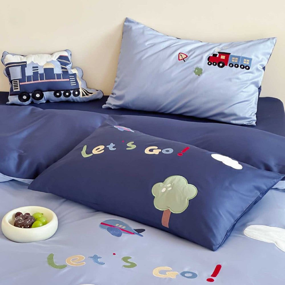 Junction Train Appliqué Cotton Bedding Set - navy Let's Go! pillowcase and light blue train pillowcase - WhisperLinens