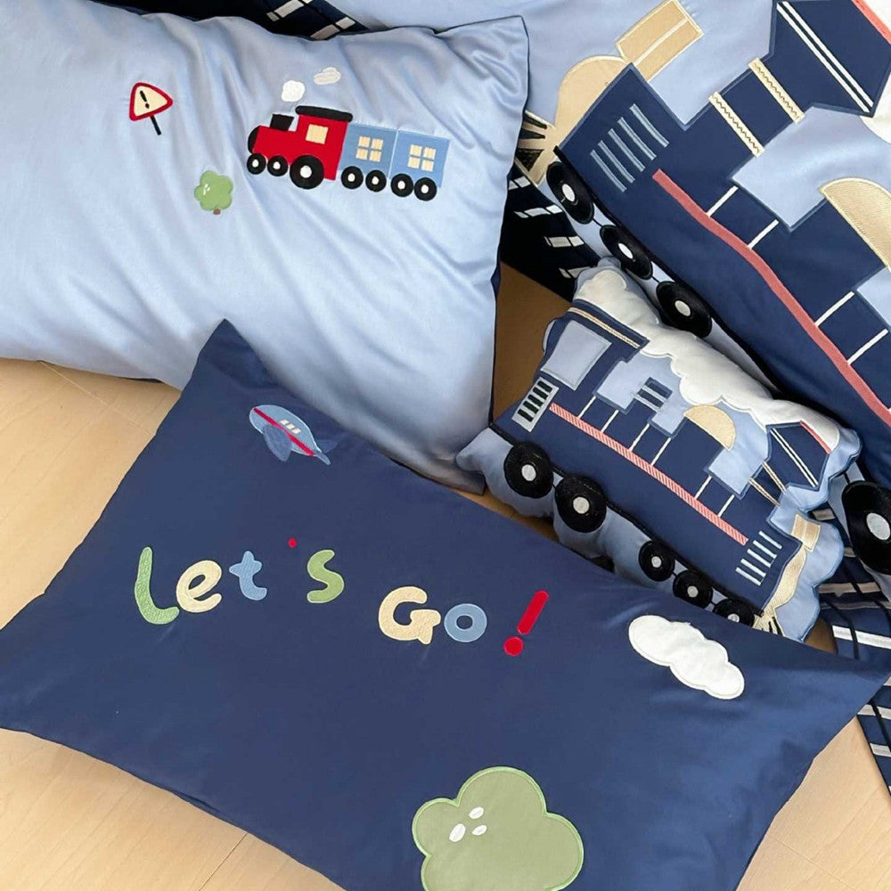 Junction Train Appliqué Cotton Bedding Set - embroidered pillowcases with train and Let's Go! lettering - WhisperLinens