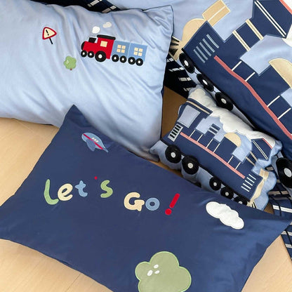 Junction Train Appliqué Cotton Bedding Set - embroidered pillowcases with train and Let's Go! lettering - WhisperLinens