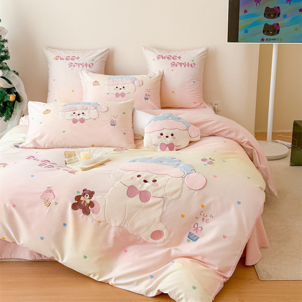 Bonbon Puppy Appliqué Cotton Bedding Set - Blush Pink Puppy - WhisperLinens