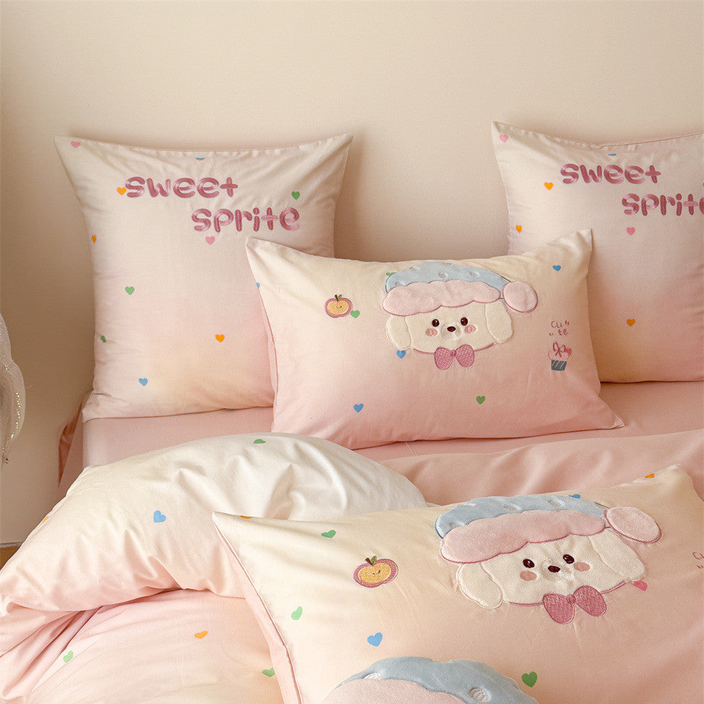 Bonbon Puppy Appliqué Cotton Bedding Set - Blush Pink Puppy - WhisperLinens