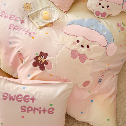 Bonbon Puppy Appliqué Cotton Bedding Set - Blush Pink Puppy - WhisperLinens