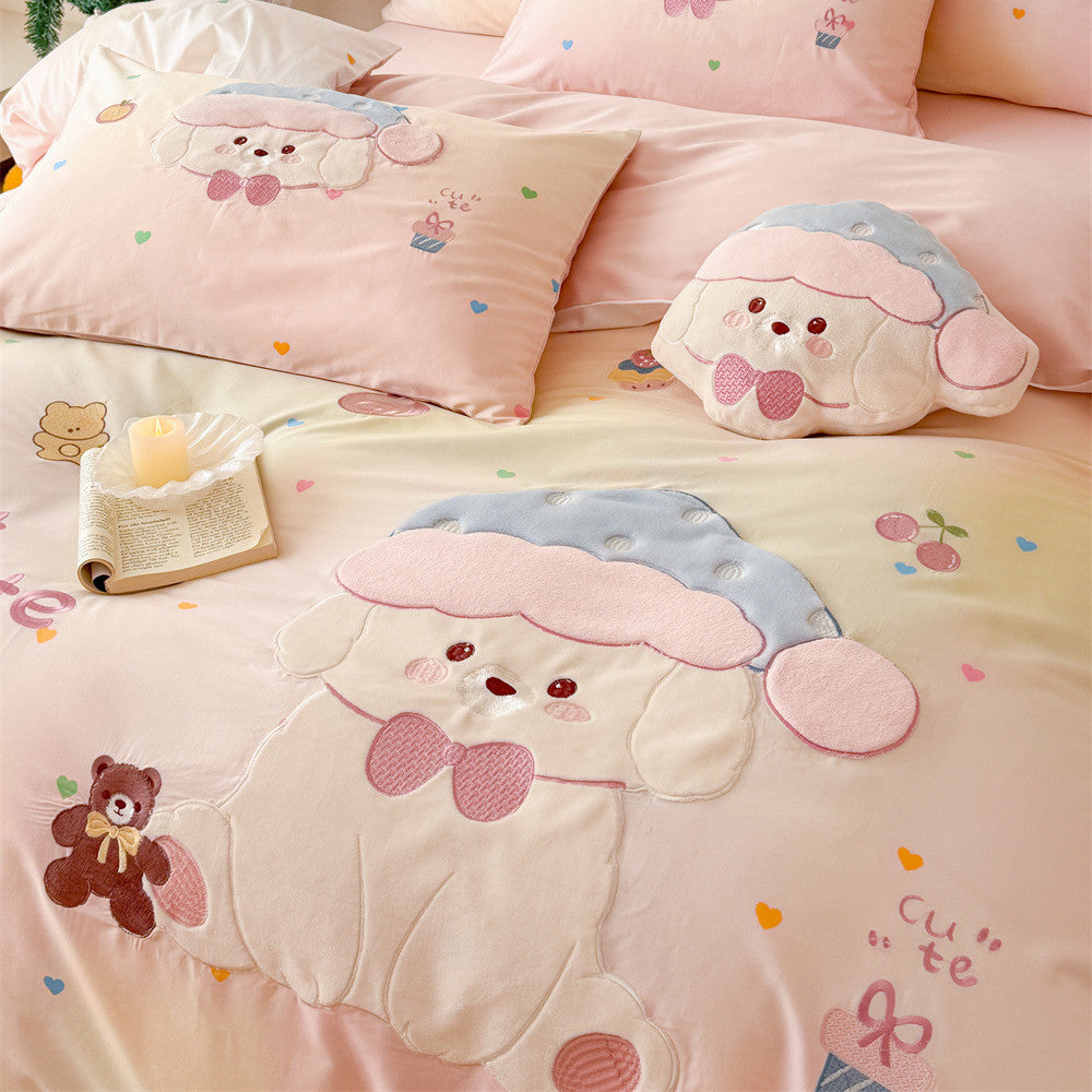 Bonbon Puppy Appliqué Cotton Bedding Set - Blush Pink Puppy - WhisperLinens