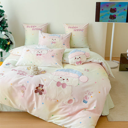 Bonbon Puppy Appliqué Cotton Bedding Set - Pastel Mint Puppy - WhisperLinens