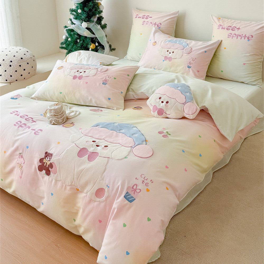 Bonbon Puppy Appliqué Cotton Bedding Set - Pastel Mint Puppy - WhisperLinens