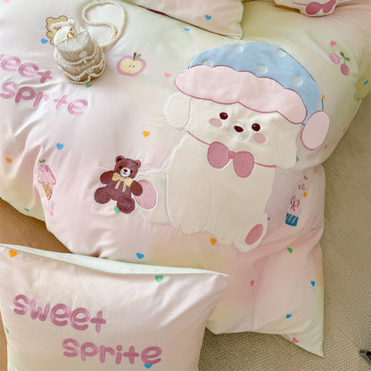 Bonbon Puppy Appliqué Cotton Bedding Set - Pastel Mint Puppy - WhisperLinens
