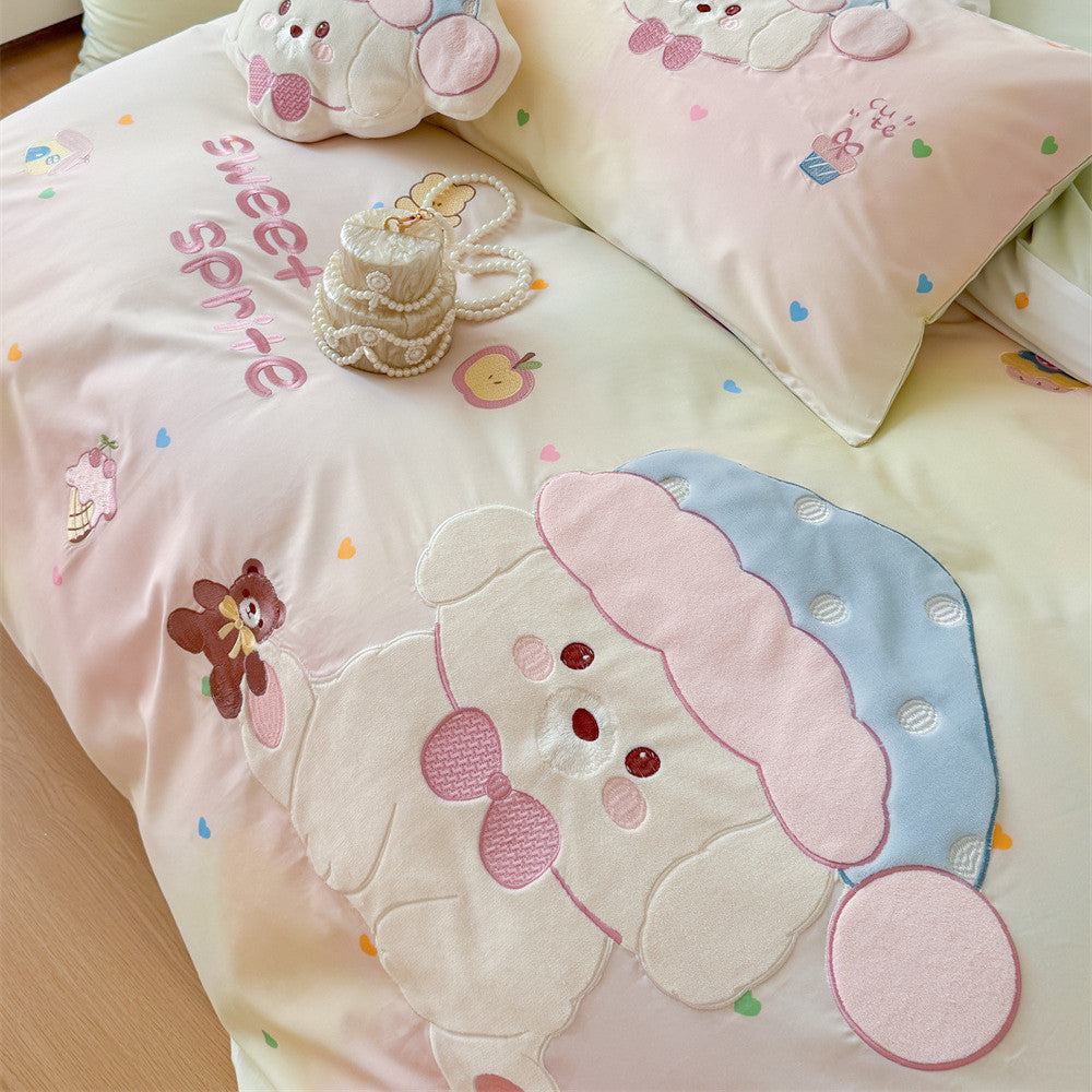 Bonbon Puppy Appliqué Cotton Bedding Set - Pastel Mint Puppy - WhisperLinens