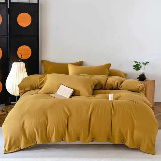 Solid Button Bedding Set / Mustard Yellow