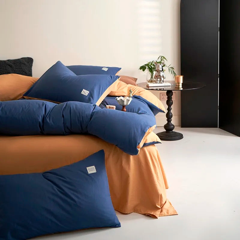 Modern Contrast Bedding Set / Deep Blue & Caramel