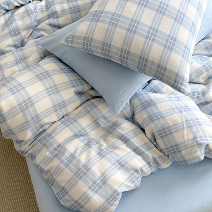 Powder Blue Plaid Cotton Bedding Set