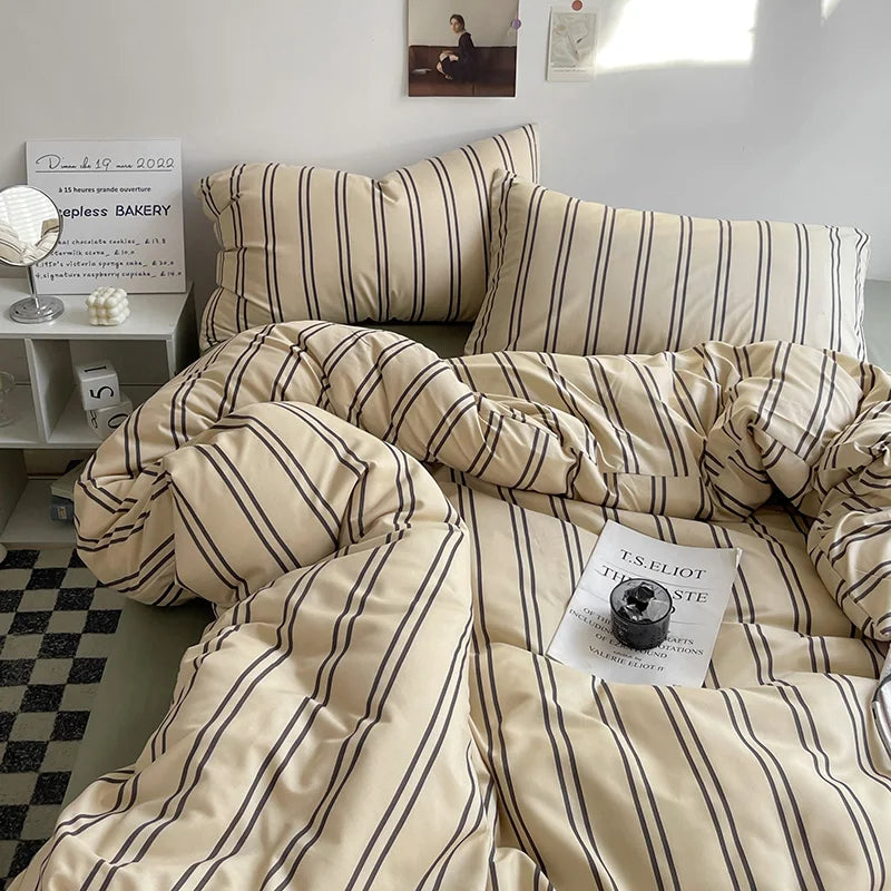 Cream & White Lines Striped Bedding Set – Cafe Inspired