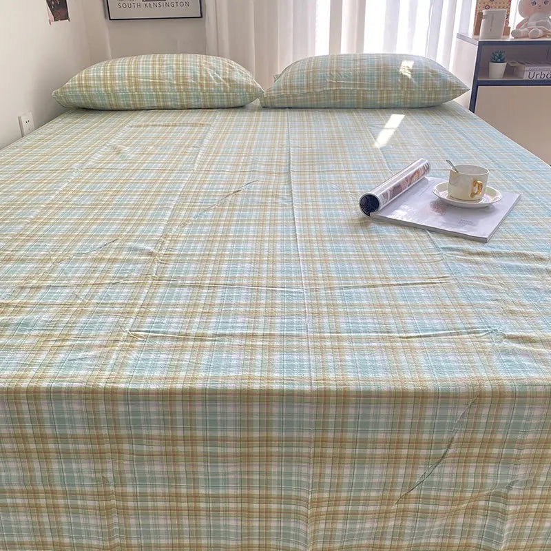 Mint Beige Plaid Cotton Flat Sheet