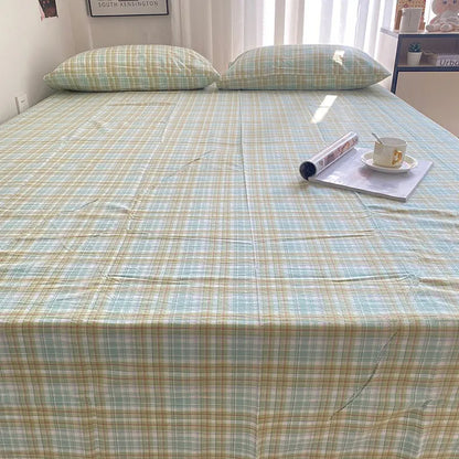 Mint Beige Plaid Cotton Flat Sheet