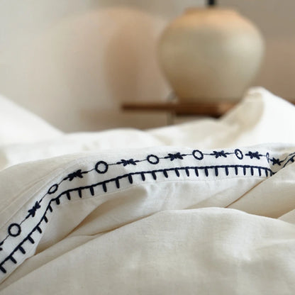 Ivory Linen Cotton Bedding Set with Embroidered Trim