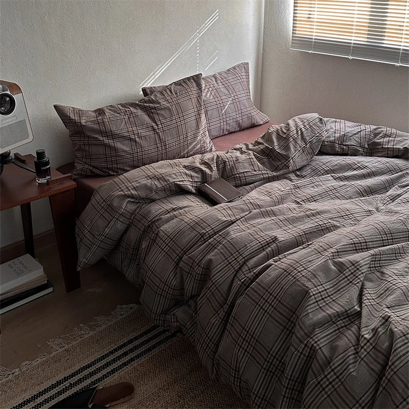 Vintage Brown Plaid Cotton Bedding Set