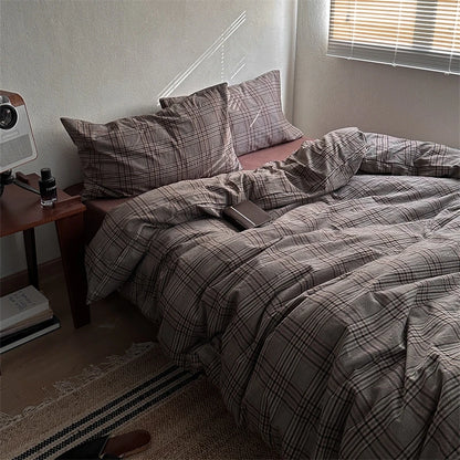 Vintage Brown Plaid Cotton Bedding Set