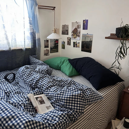 Navy Gingham Cotton Bedding Set