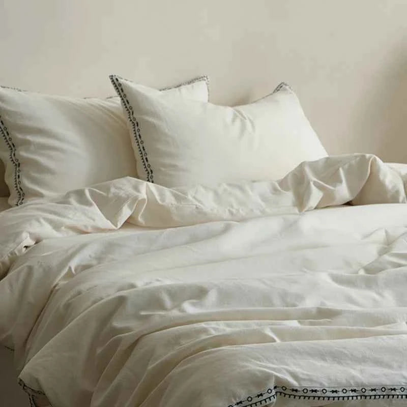 Ivory Linen Cotton Bedding Set with Embroidered Trim