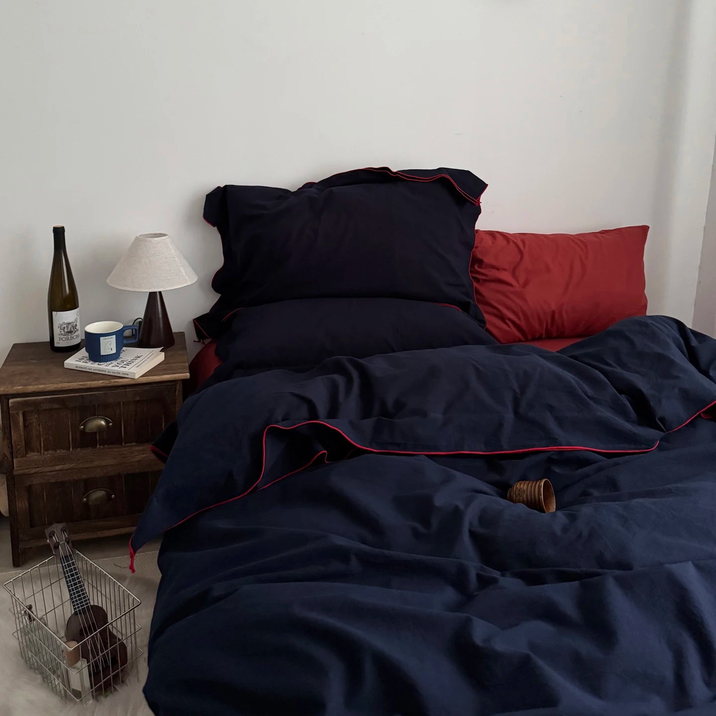 Navy Cotton Duvet Cover Set with Red Piping