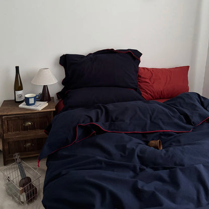 Navy Cotton Duvet Cover Set with Red Piping