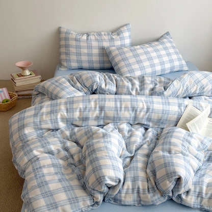 Powder Blue Plaid Cotton Bedding Set