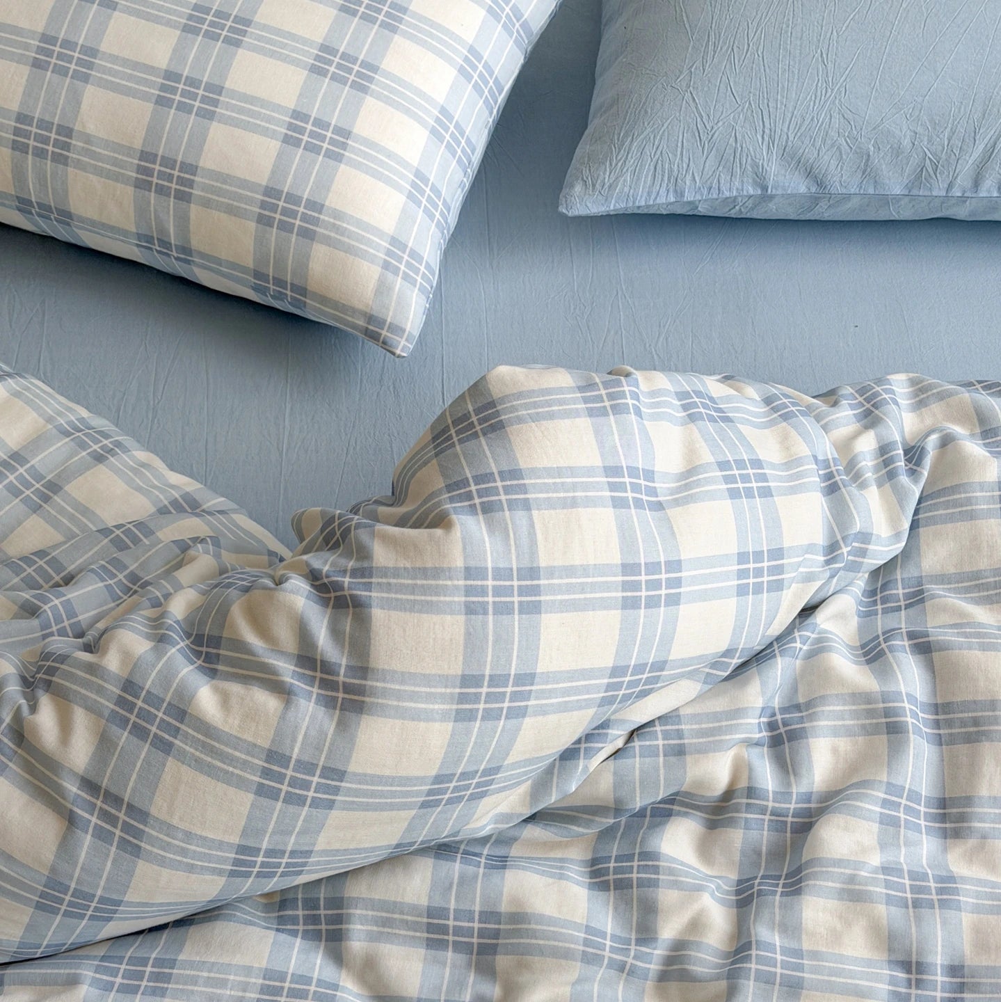 Powder Blue Plaid Cotton Bedding Set