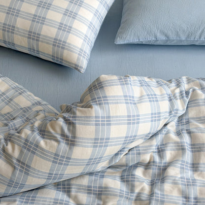 Powder Blue Plaid Cotton Bedding Set