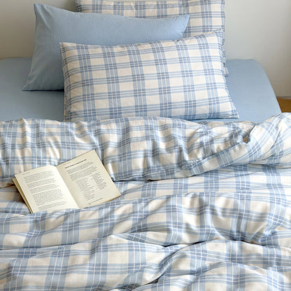 Powder Blue Plaid Cotton Bedding Set