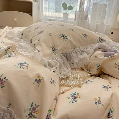 Whimsical Floral Lace Bedding Set / Cream Blossom & Lace