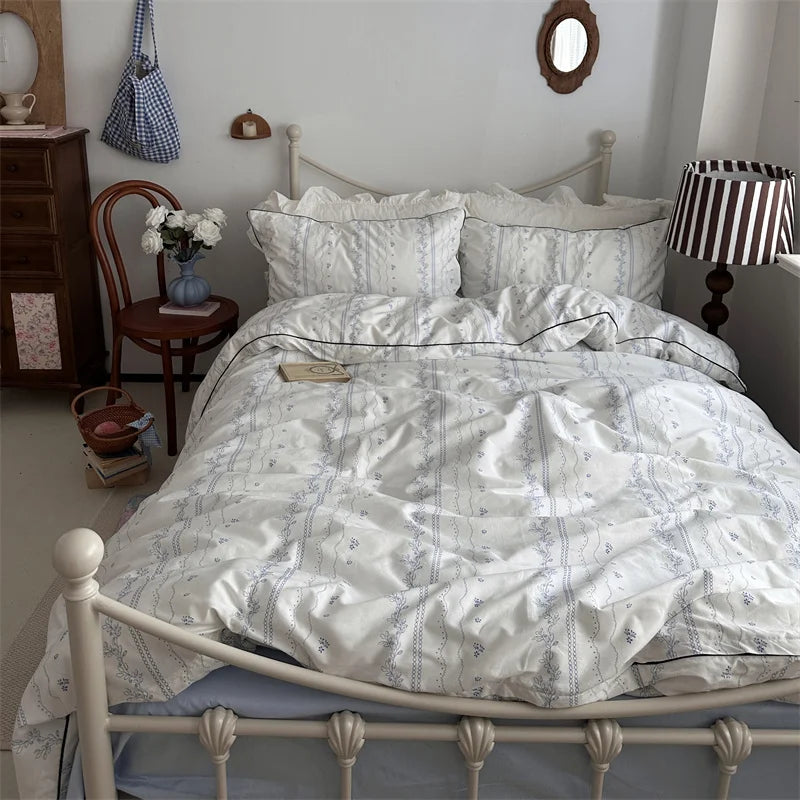 White Floral Ruffle Cotton Bedding Set.