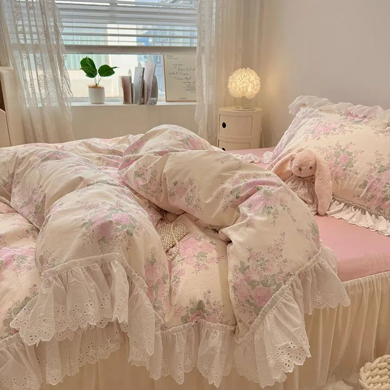 Rose Garden Bliss Bedding Set / Cream & Pink