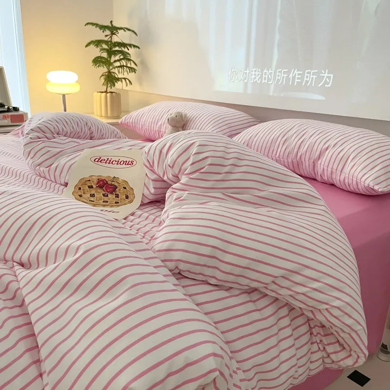 Calm Stripe Bedding Set / White & Pink