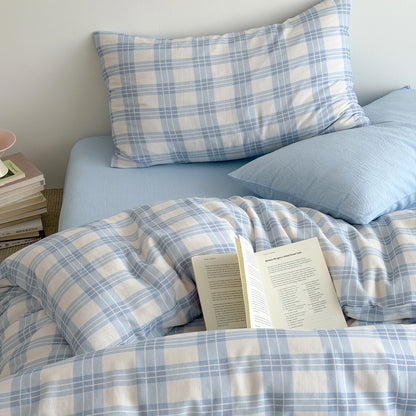Powder Blue Plaid Cotton Bedding Set