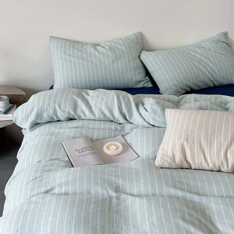 Mint Stripe Cotton Bedding Set