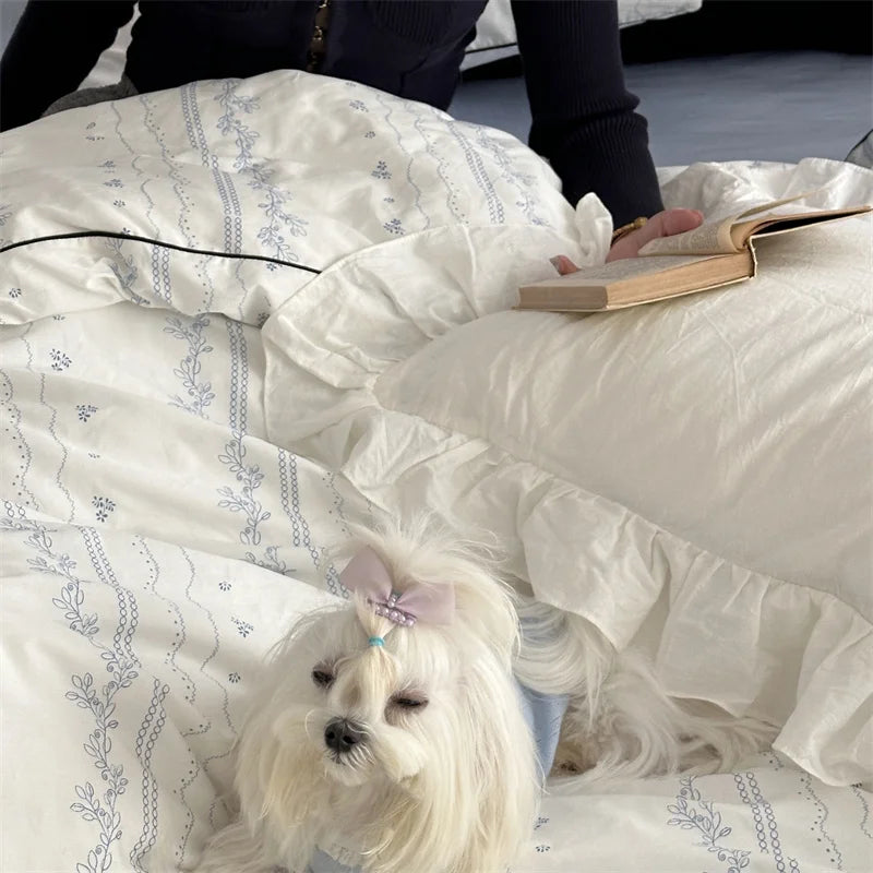 White Floral Ruffle Cotton Bedding Set.