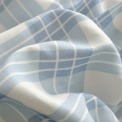 Powder blue cotton bedding set with white check pattern