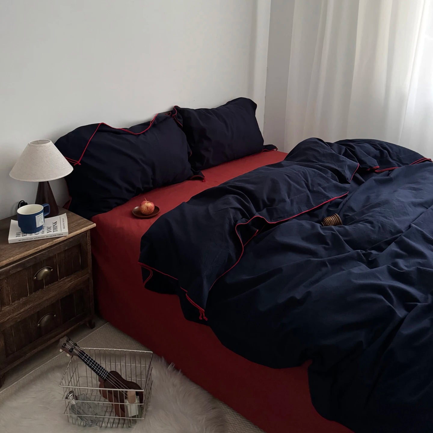 Navy Cotton Duvet Cover Set with Red Piping
